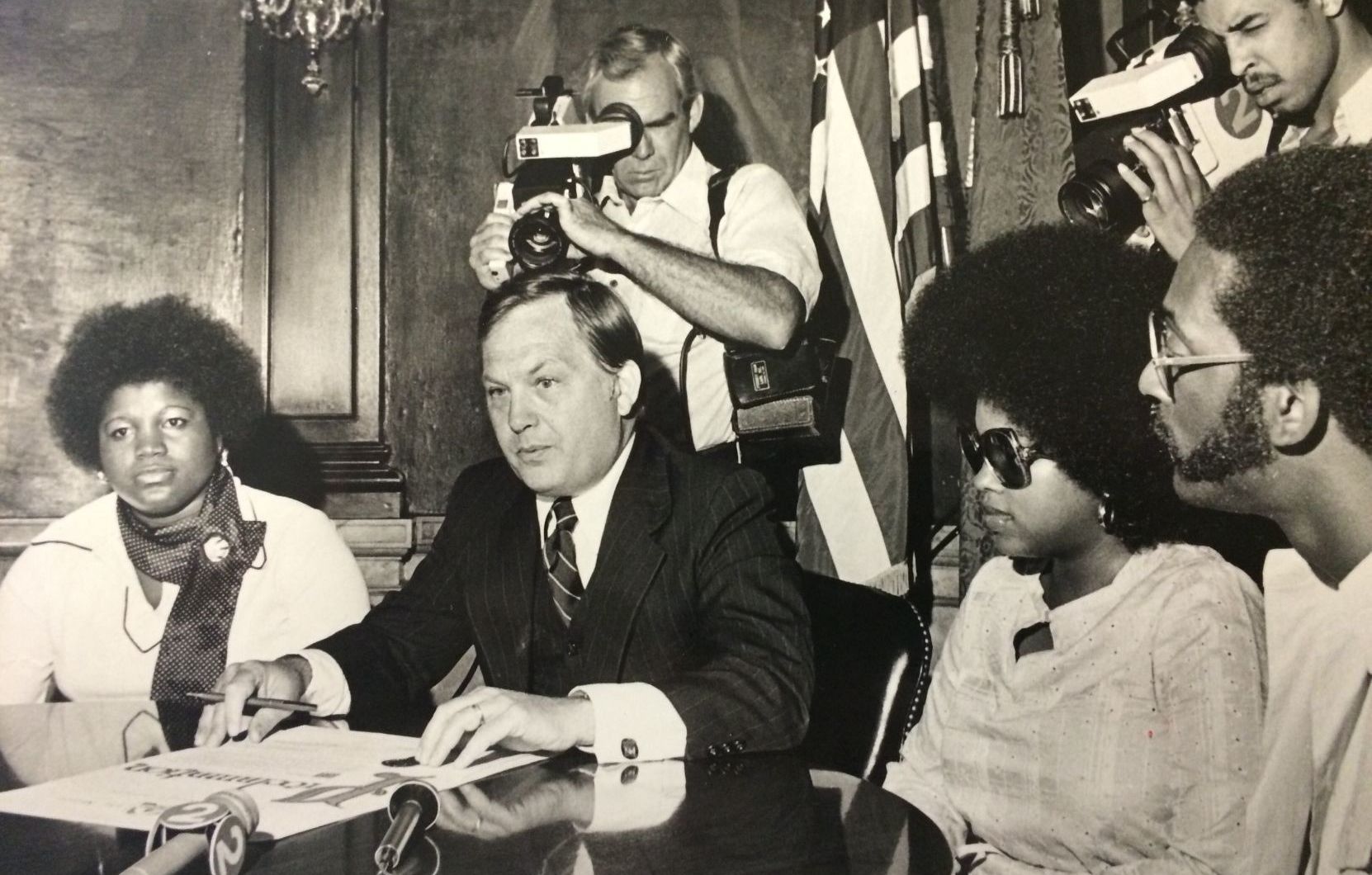 Mayor James F. Conway announces award of two homes for $1 in 1978